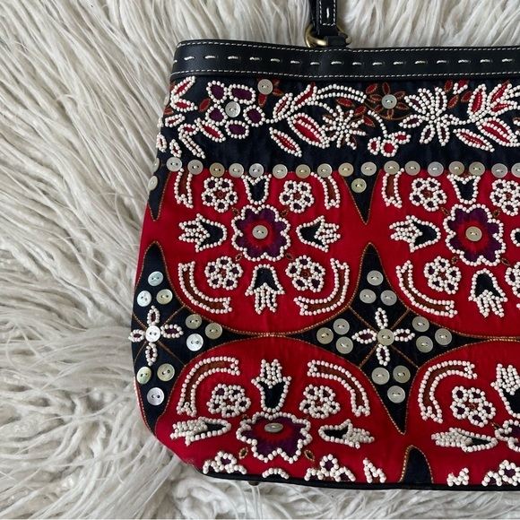 Isabella Fiore Beaded Sequined Paisley Cloth Leather Trim Black Red Shoulder Bag - Picture 7 of 12